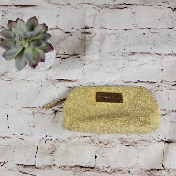 Victorias Secret Gold Sparkle Makeup Bag Travel Cosmetic Zip Bag Small Organizer - Picture 1 of 7